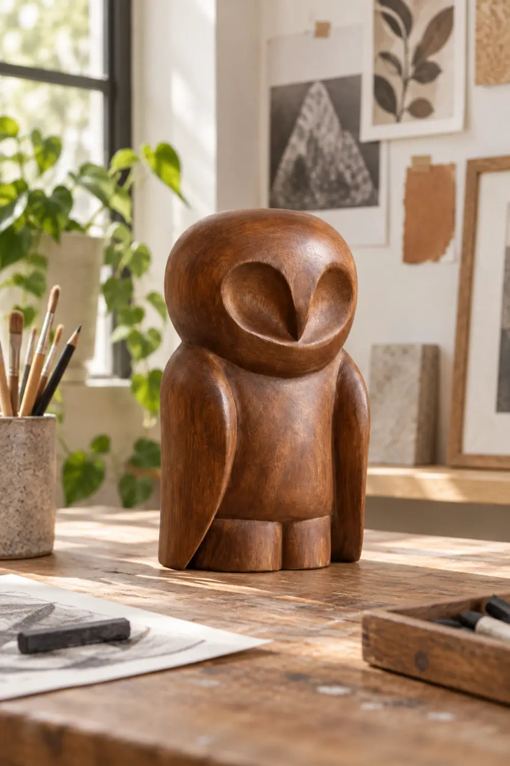 Nordic Wooden Owl Statue Sculpture | Handcrafted Smooth Bird Figurine Shelf Decor