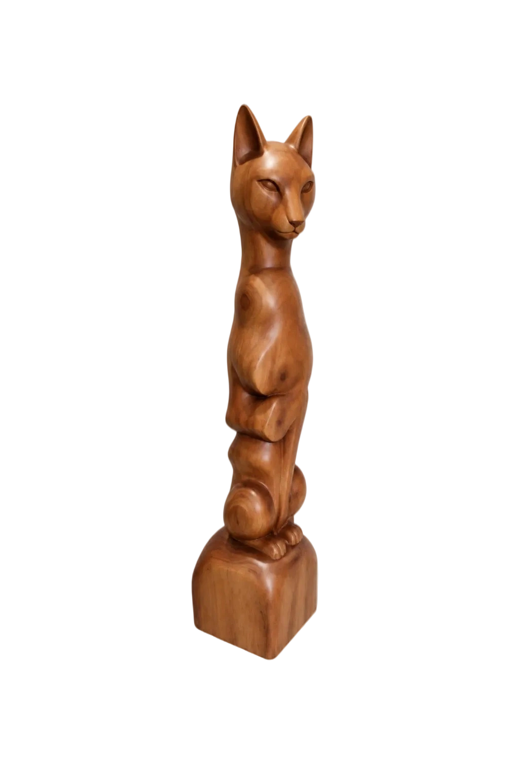 Tall Slender Wooden Cat Statue | Sleek Elongated Feline Pedestal Home Decor