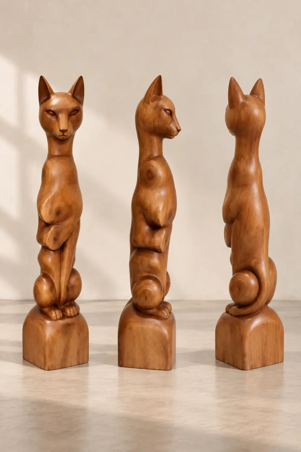 Tall Slender Wooden Cat Statue | Sleek Elongated Feline Pedestal Home Decor
