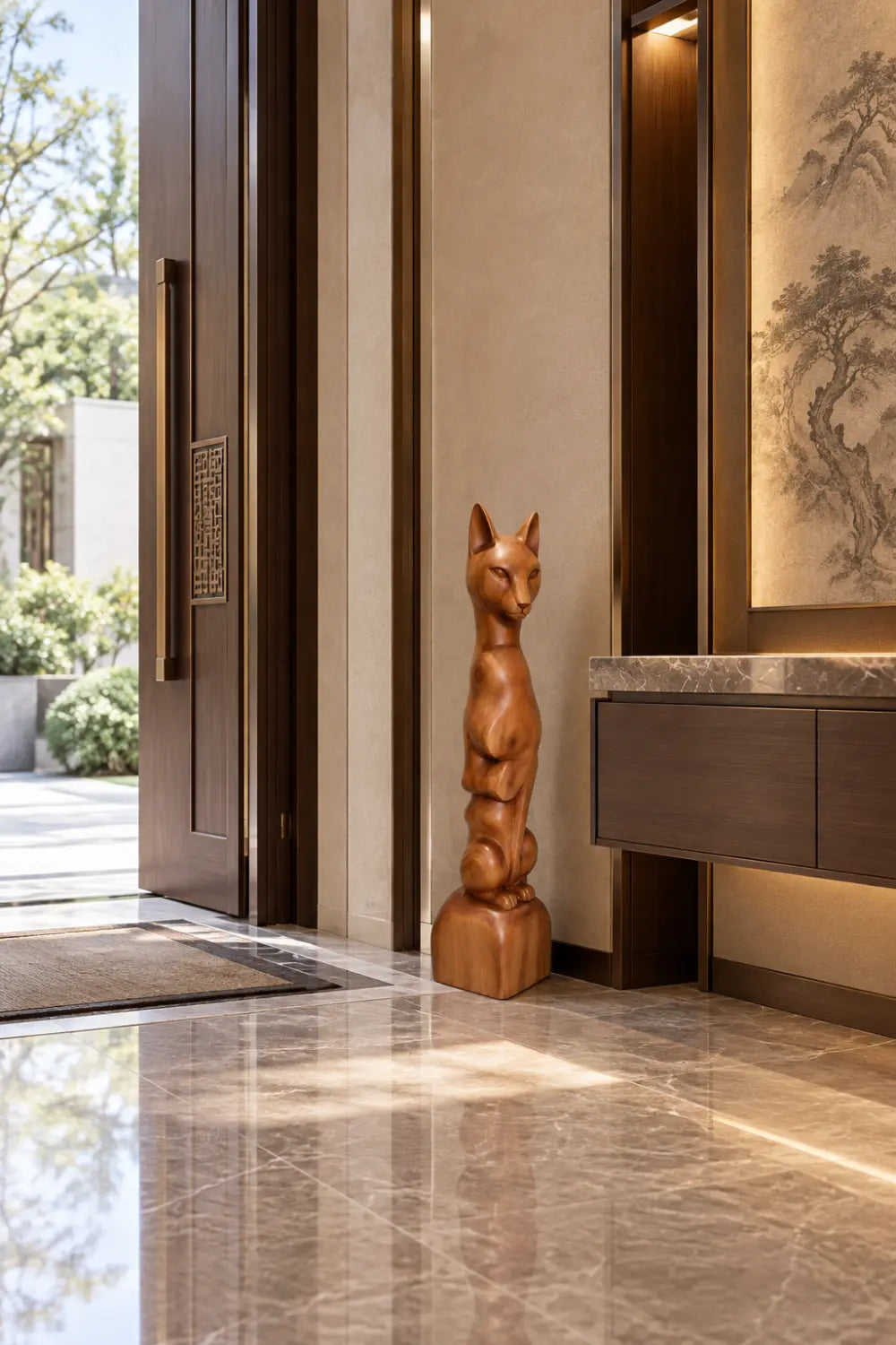 Tall Slender Wooden Cat Statue | Sleek Elongated Feline Pedestal Home Decor