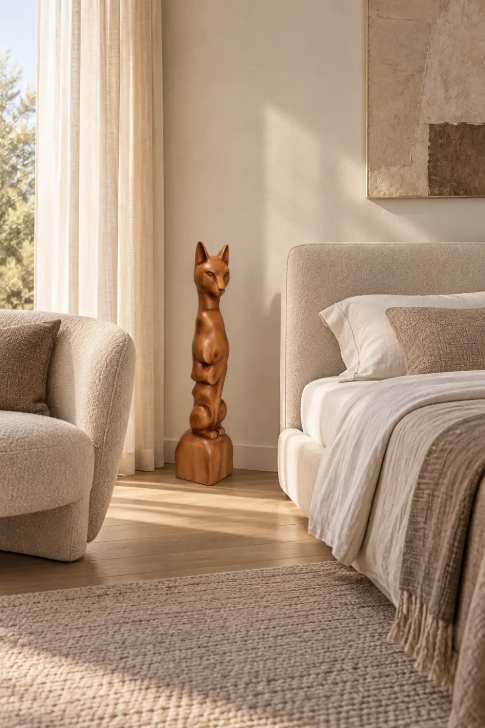 Tall Slender Wooden Cat Statue | Sleek Elongated Feline Pedestal Home Decor