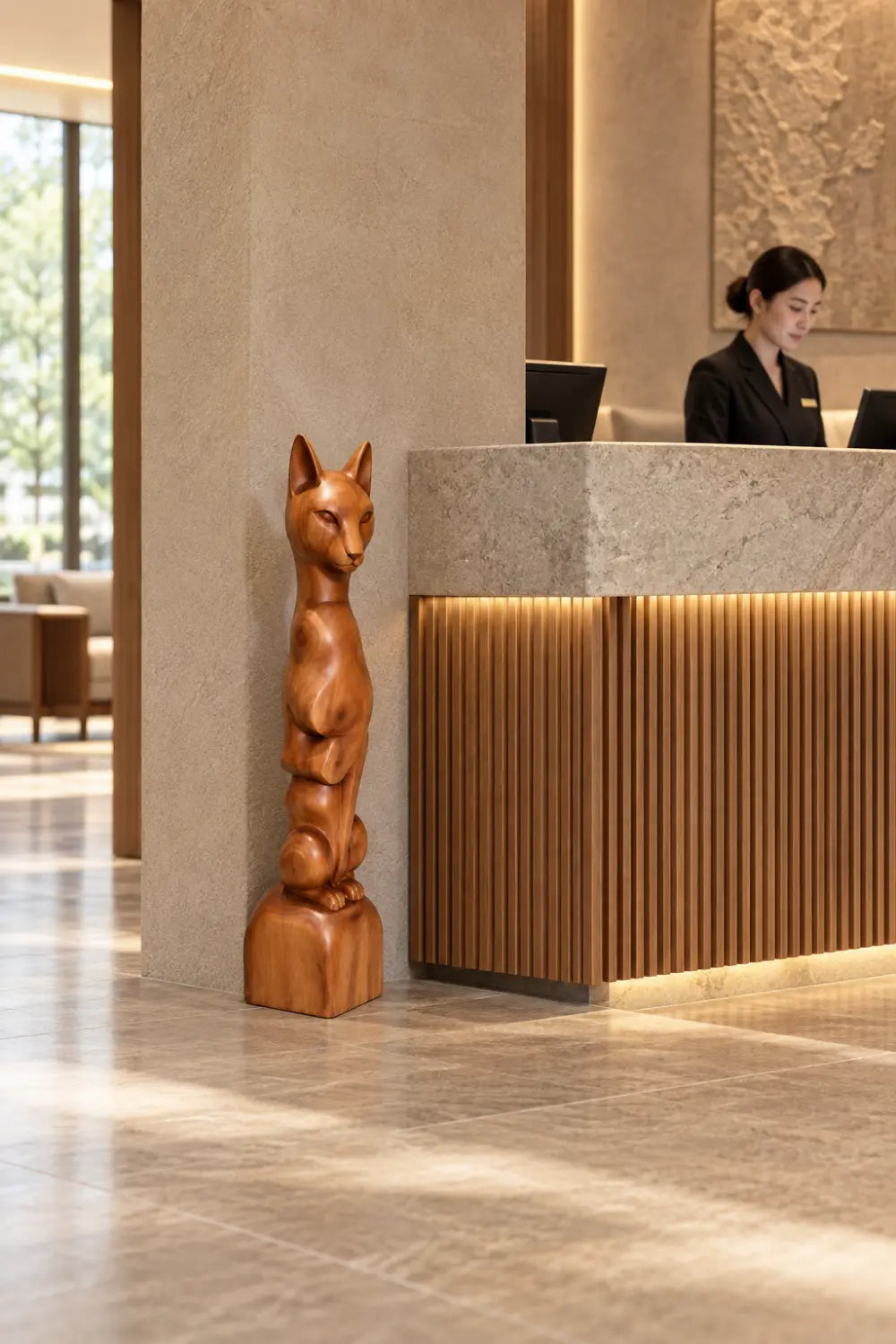 Tall Slender Wooden Cat Statue | Sleek Elongated Feline Pedestal Home Decor