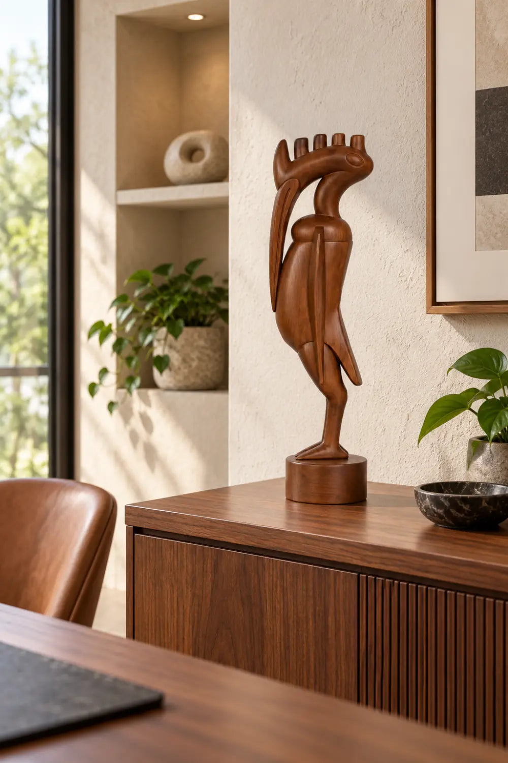Mid Century Wooden Ibis Statue | Avant Garde Long Beaked Bird Decor