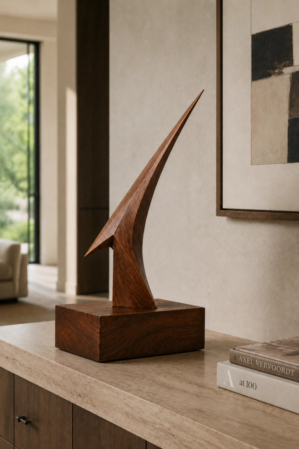 Original Wooden Art Sculpture With Smooth Finish And Dynamic Form For Contemporary Interiors