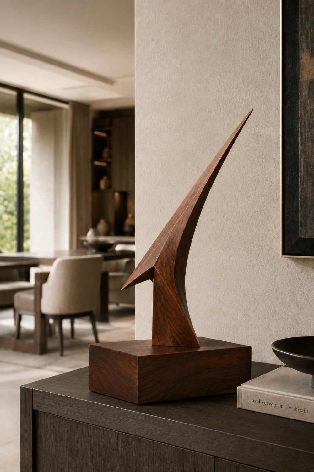 Original Wooden Art Sculpture With Smooth Finish And Dynamic Form For Contemporary Interiors
