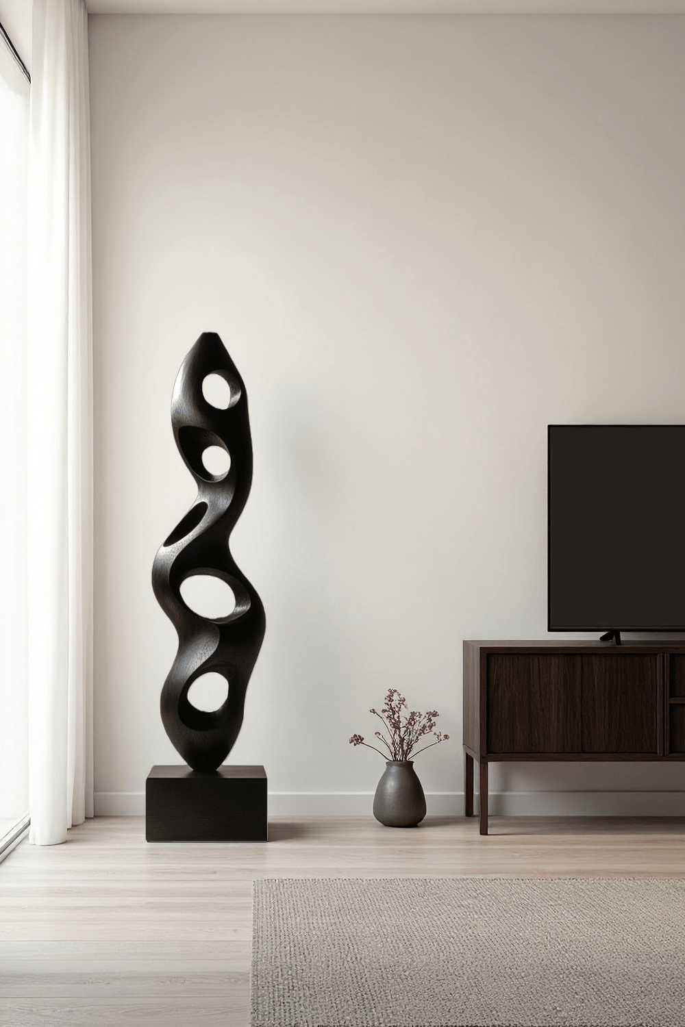 Large Black Wood Sculpture Modern Abstract Minimalist Floor Wooden Art