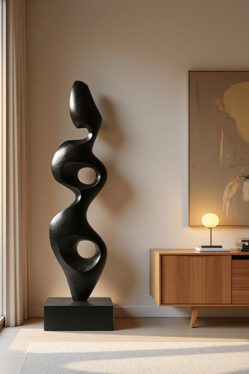 Large Black Wood Sculpture Modern Abstract Minimalist Floor Wooden Art