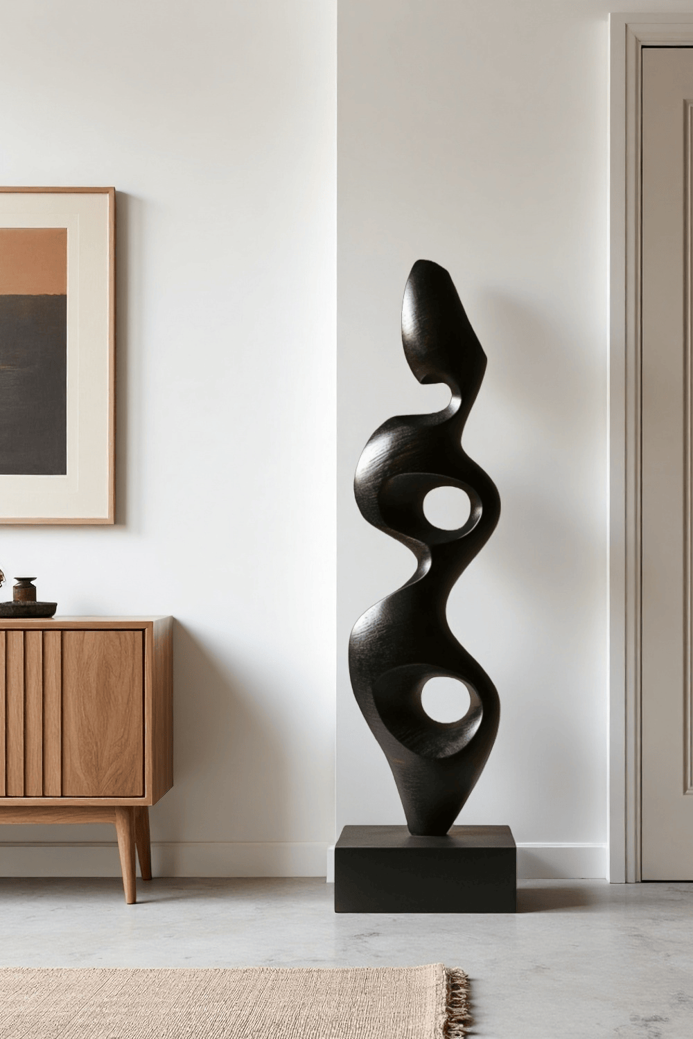 Large Black Wood Sculpture Modern Abstract Minimalist Floor Wooden Art