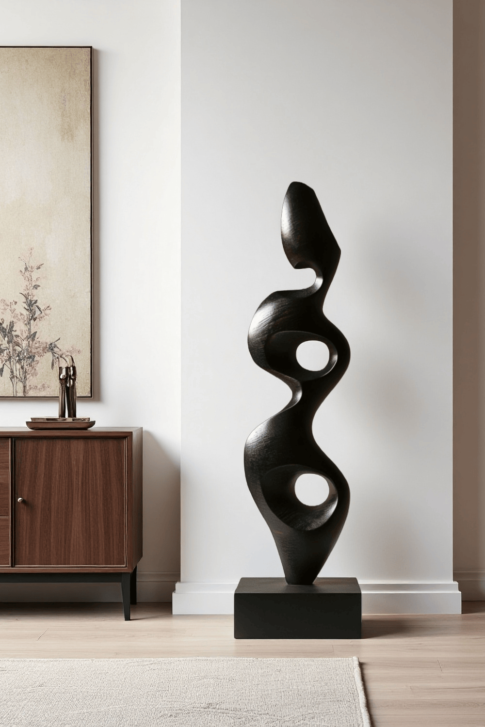 Large Black Wood Sculpture Modern Abstract Minimalist Floor Wooden Art