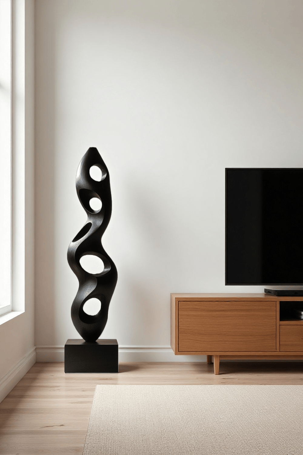 Large Black Wood Sculpture Modern Abstract Minimalist Floor Wooden Art