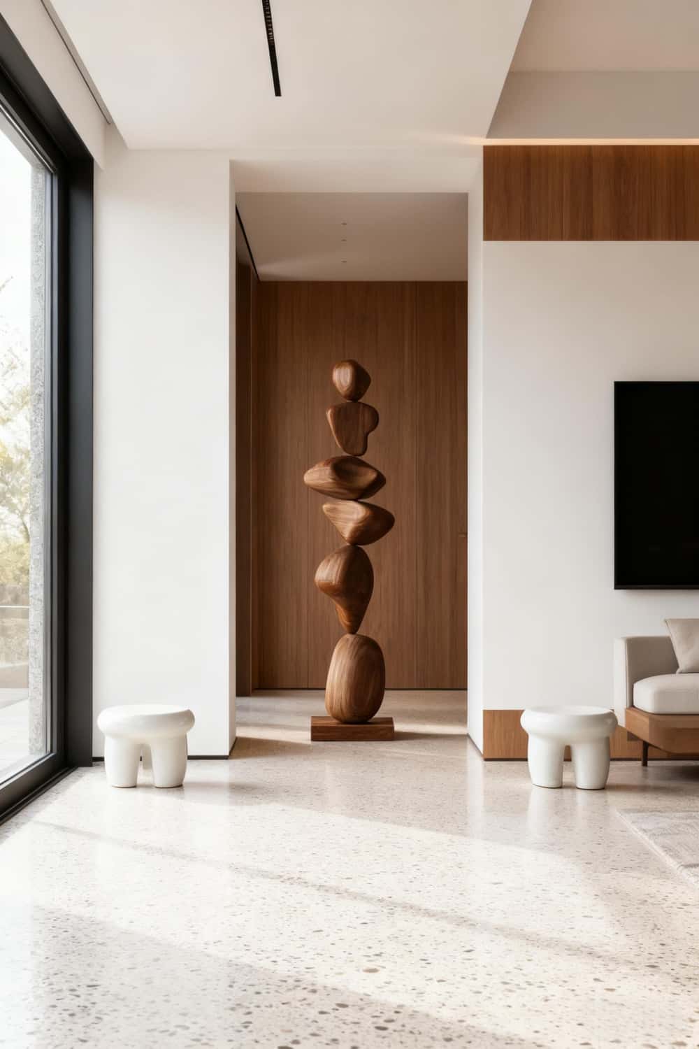 Modern Large Abstract Wood Sculpture Handcrafted Tall Standing Floor Decor