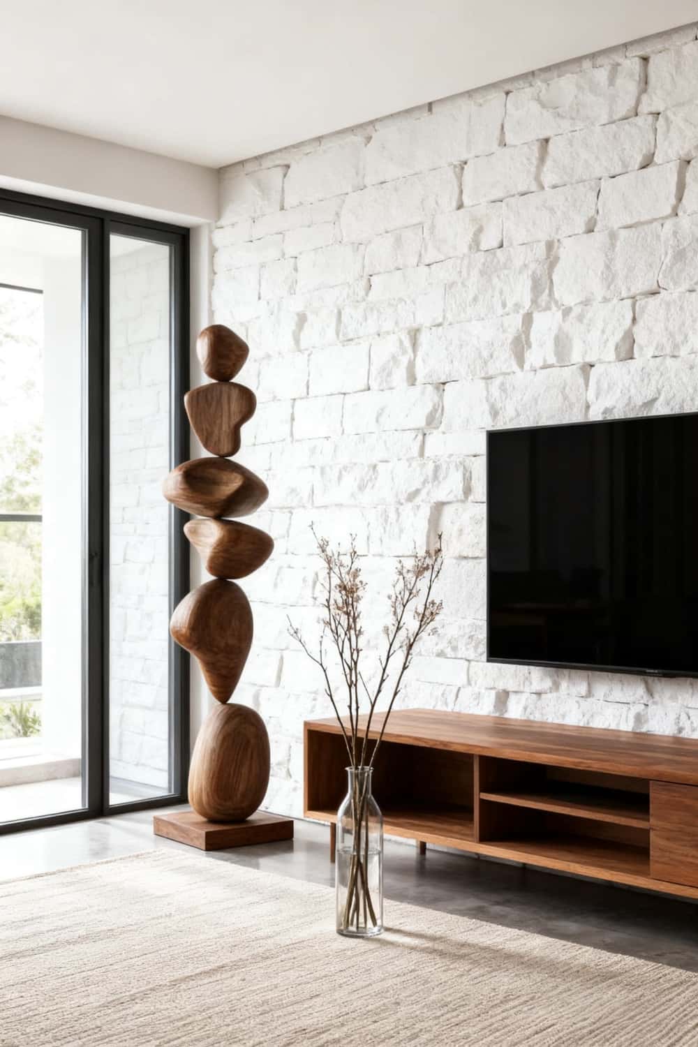 Modern Large Abstract Wood Sculpture Handcrafted Tall Standing Floor Decor