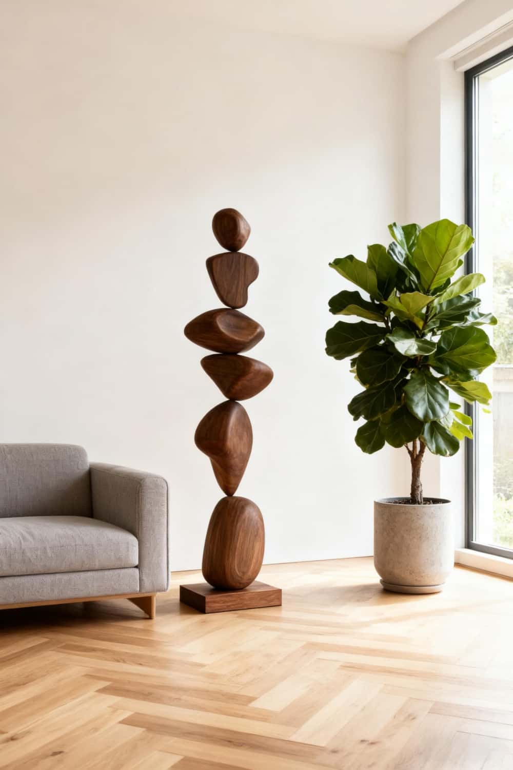 Modern Large Abstract Wood Sculpture Handcrafted Tall Standing Floor Decor