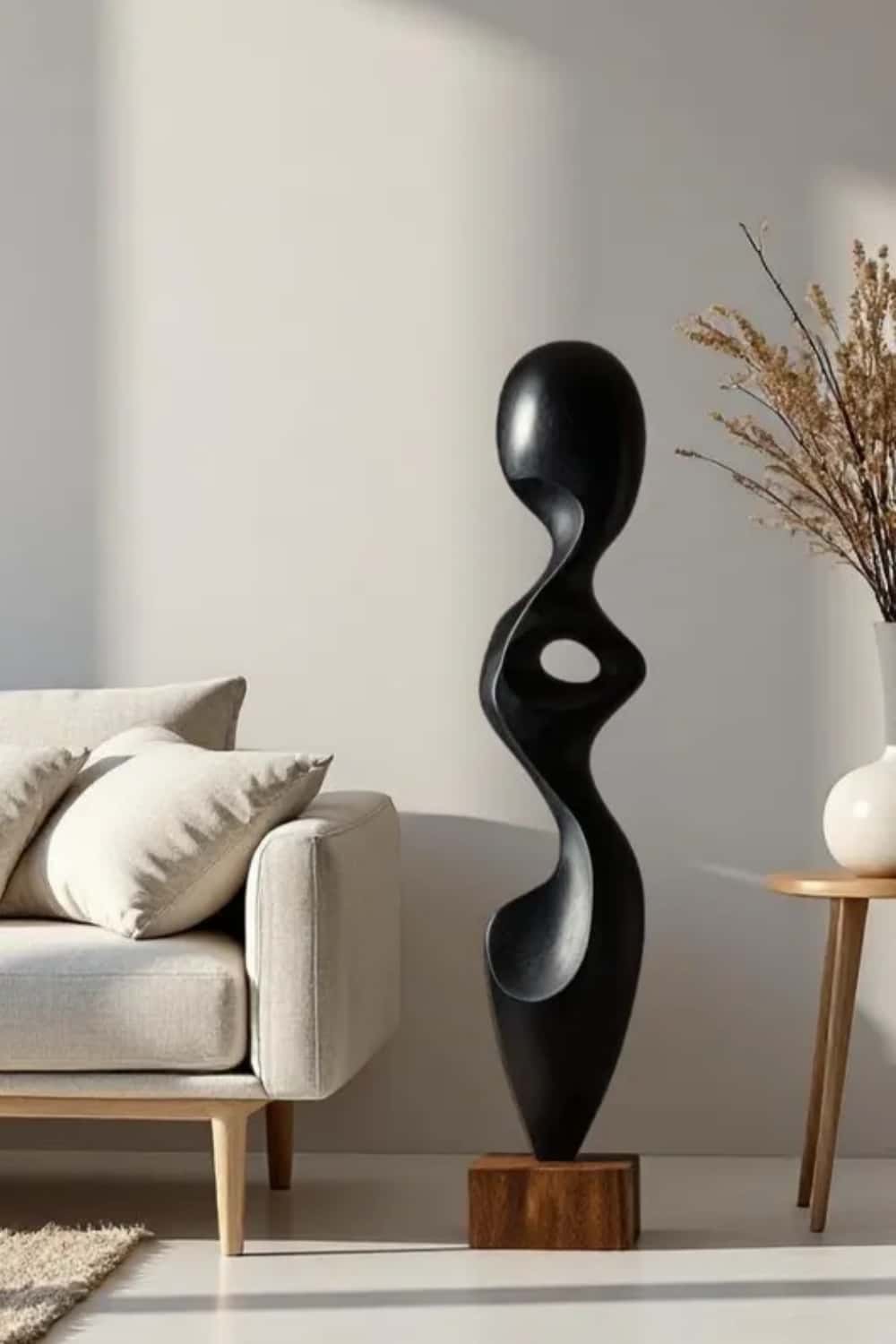 Modern Abstract Large Wood Floor Sculpture Handcrafted Black Statue | Artiblend