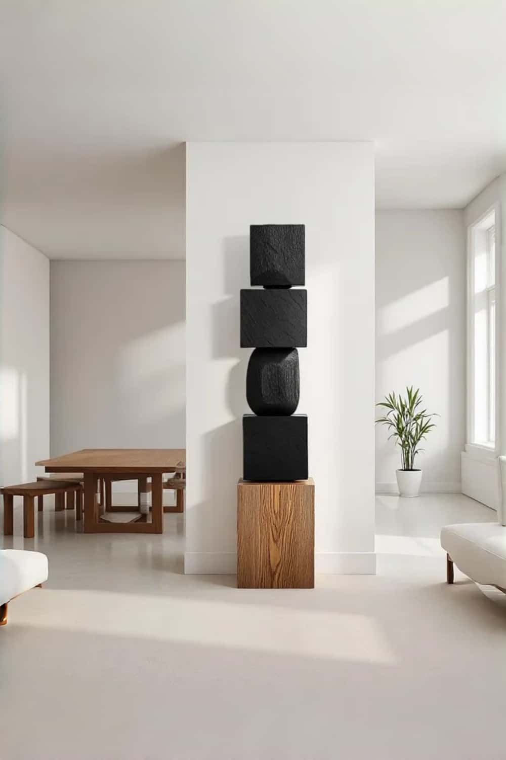 Modern Abstract Large Wood Floor Sculpture Handcrafted Black Statue | Artiblend
