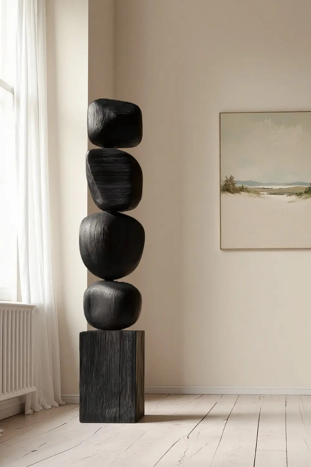 Modern Abstract Large Wood Floor Sculpture Handcrafted Black Statue | Artiblend