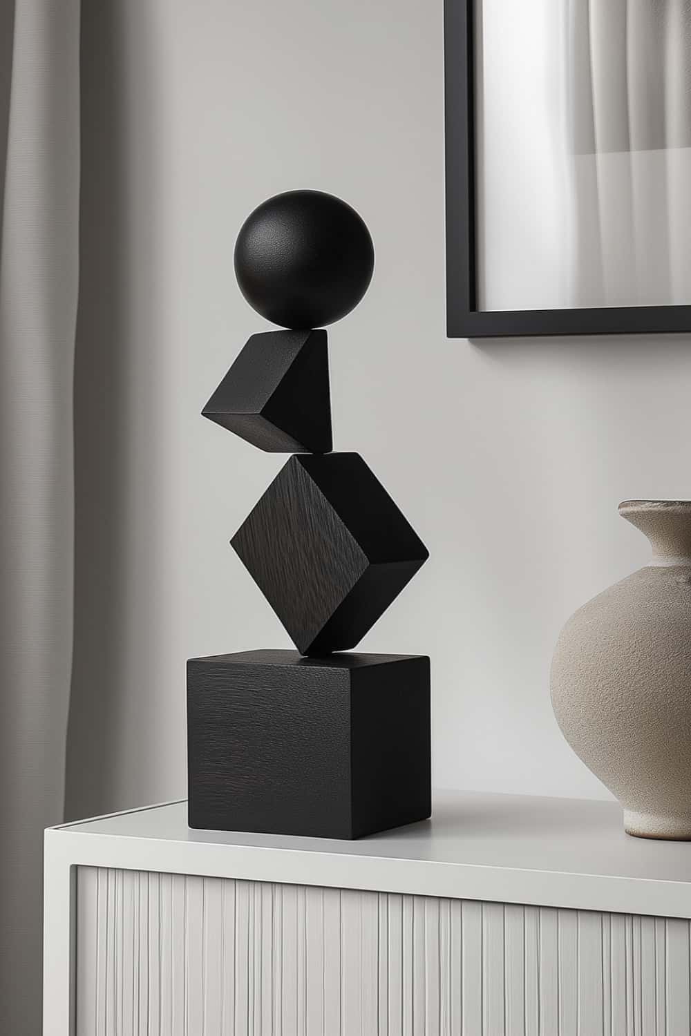 Black Geometric Wooden Art Sculpture Abstract Minimalist Modern Decor