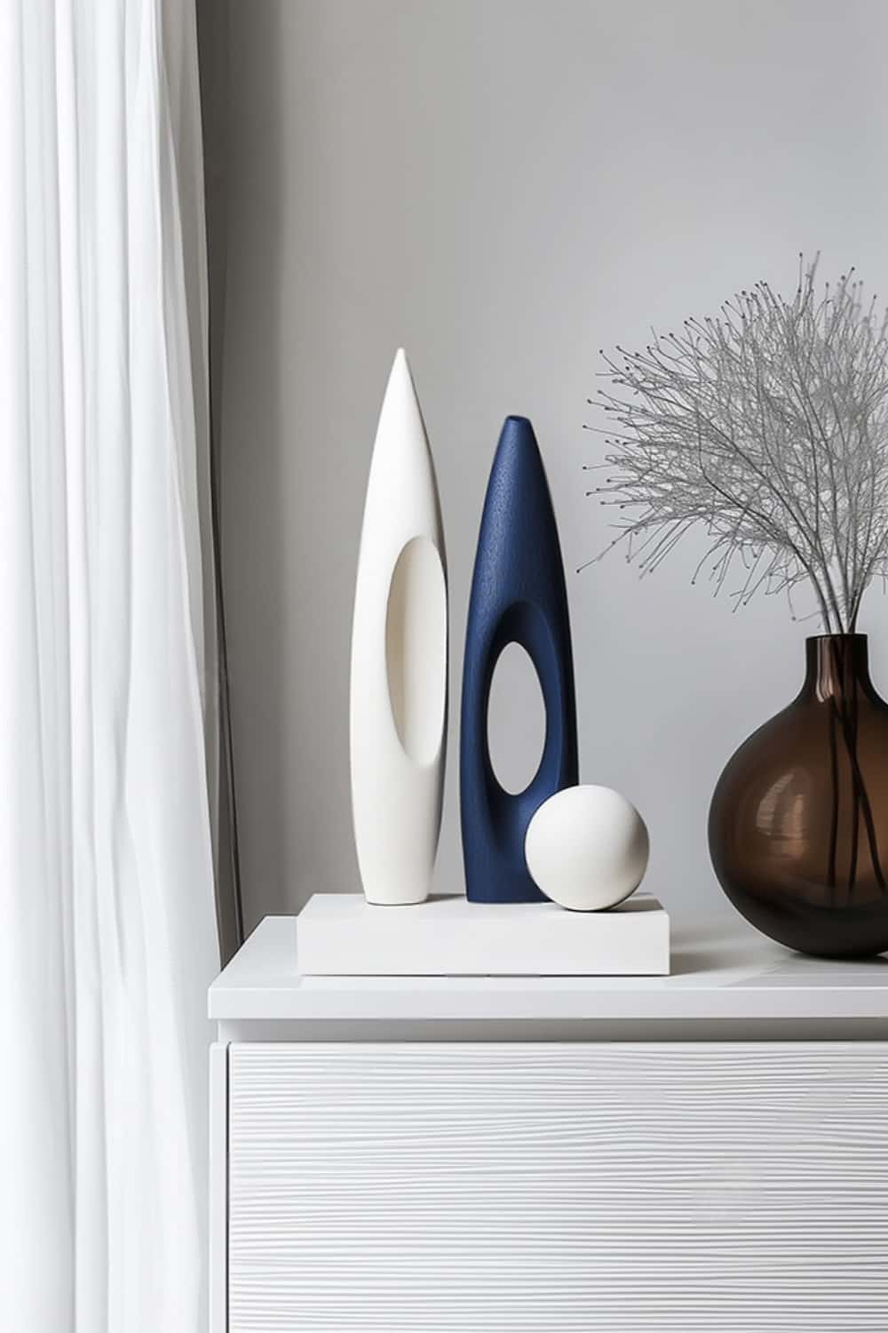 Blue White Abstract Wooden Sculpture Modern Geometric Art for Home Decor