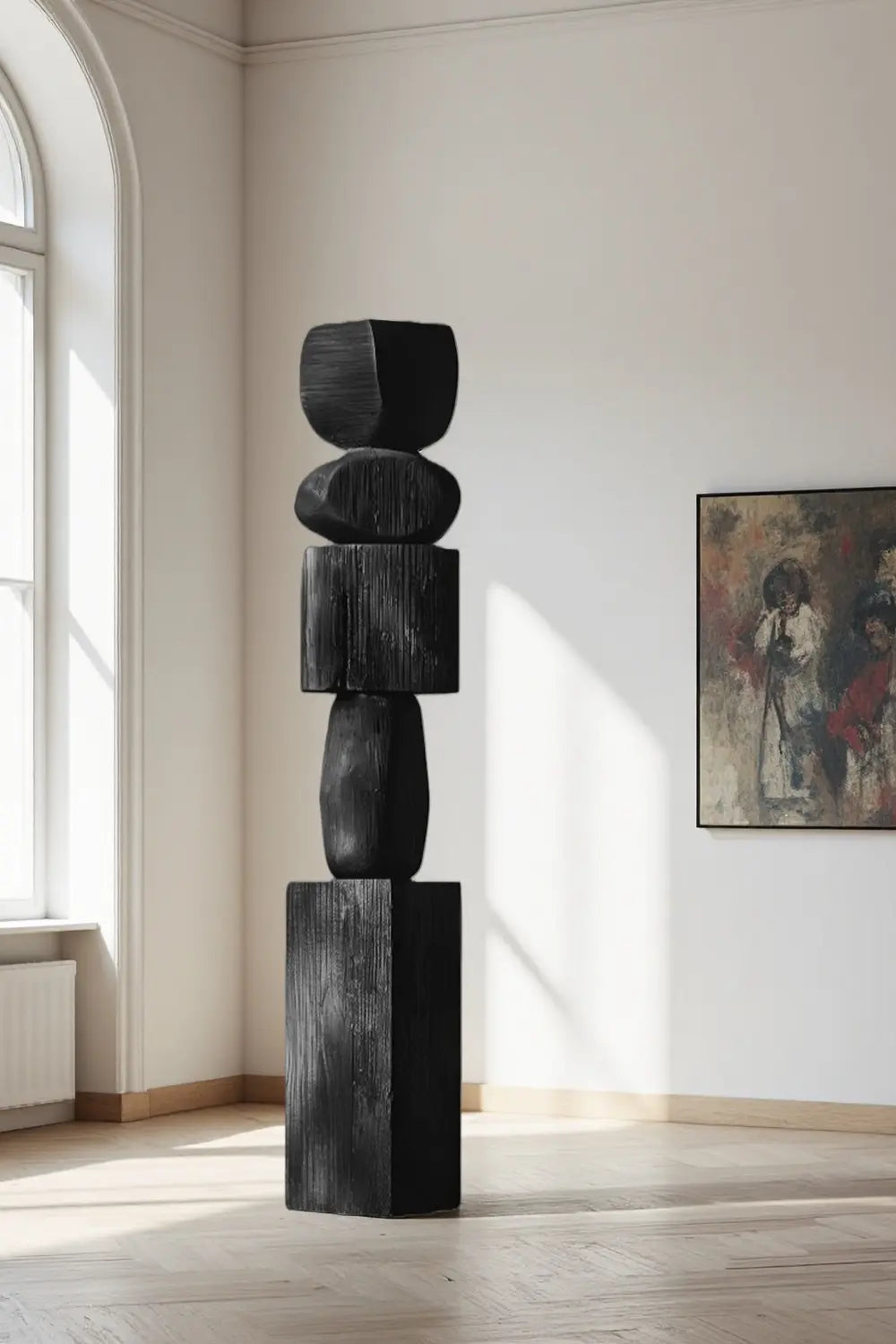 Large Black Wood Standing Sculpture Tall Textured Floor Decor for Modern Home Interiors