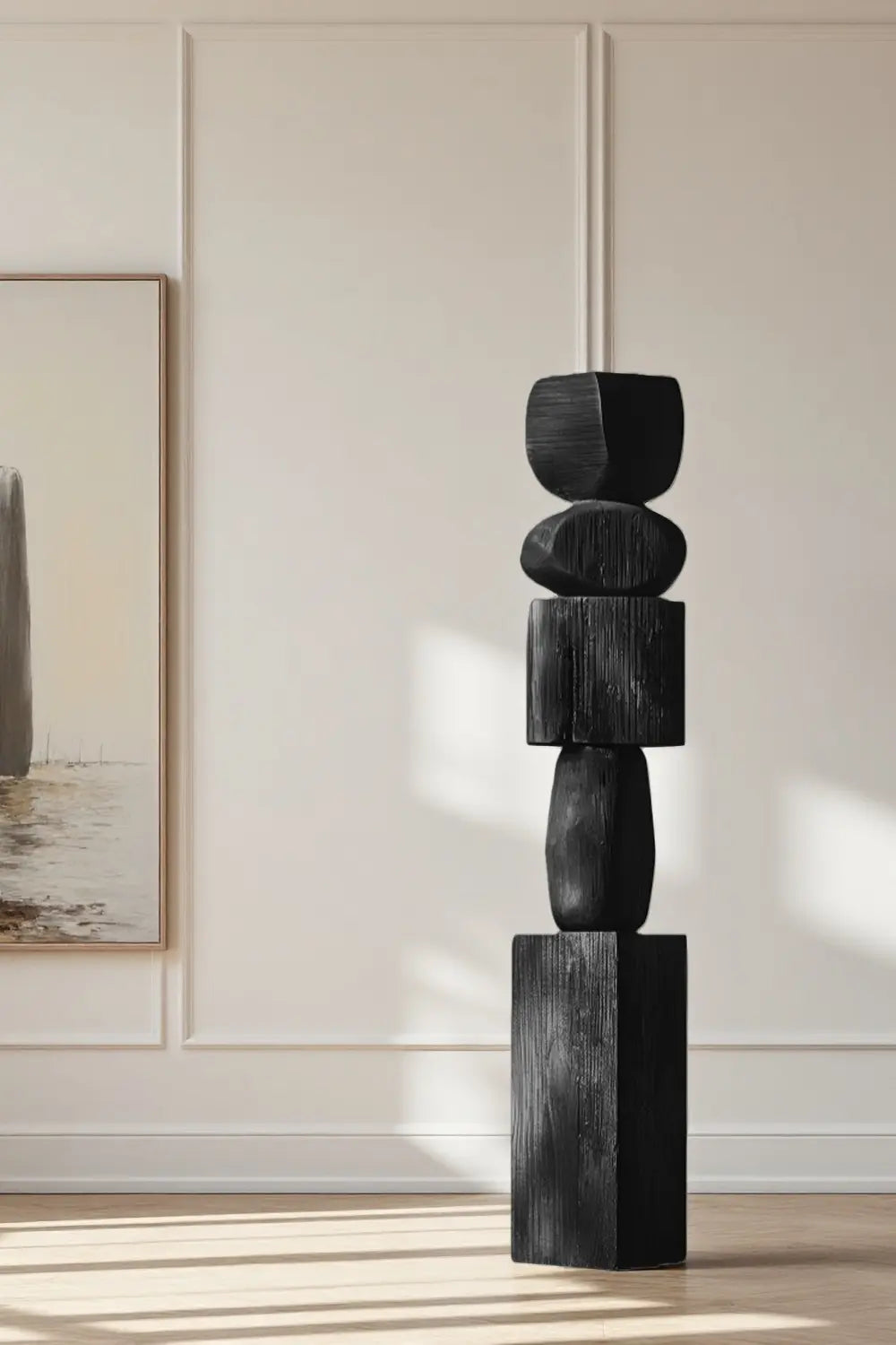 Large Black Wood Standing Sculpture Tall Textured Floor Decor for Modern Home Interiors