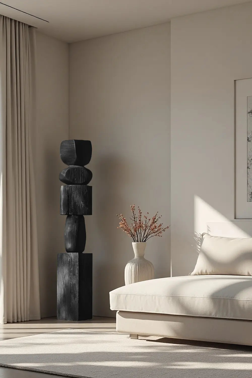 Large Black Wood Standing Sculpture Tall Textured Floor Decor for Modern Home Interiors