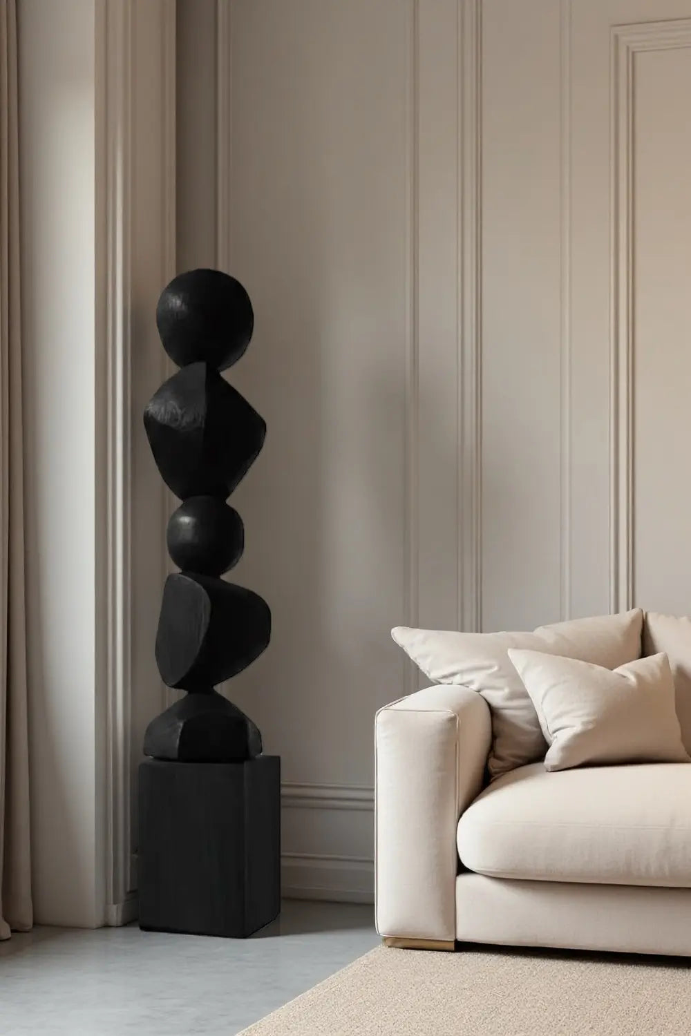 Large Black Wood Standing Sculpture Tall Textured Floor Decor for Modern Home Interiors