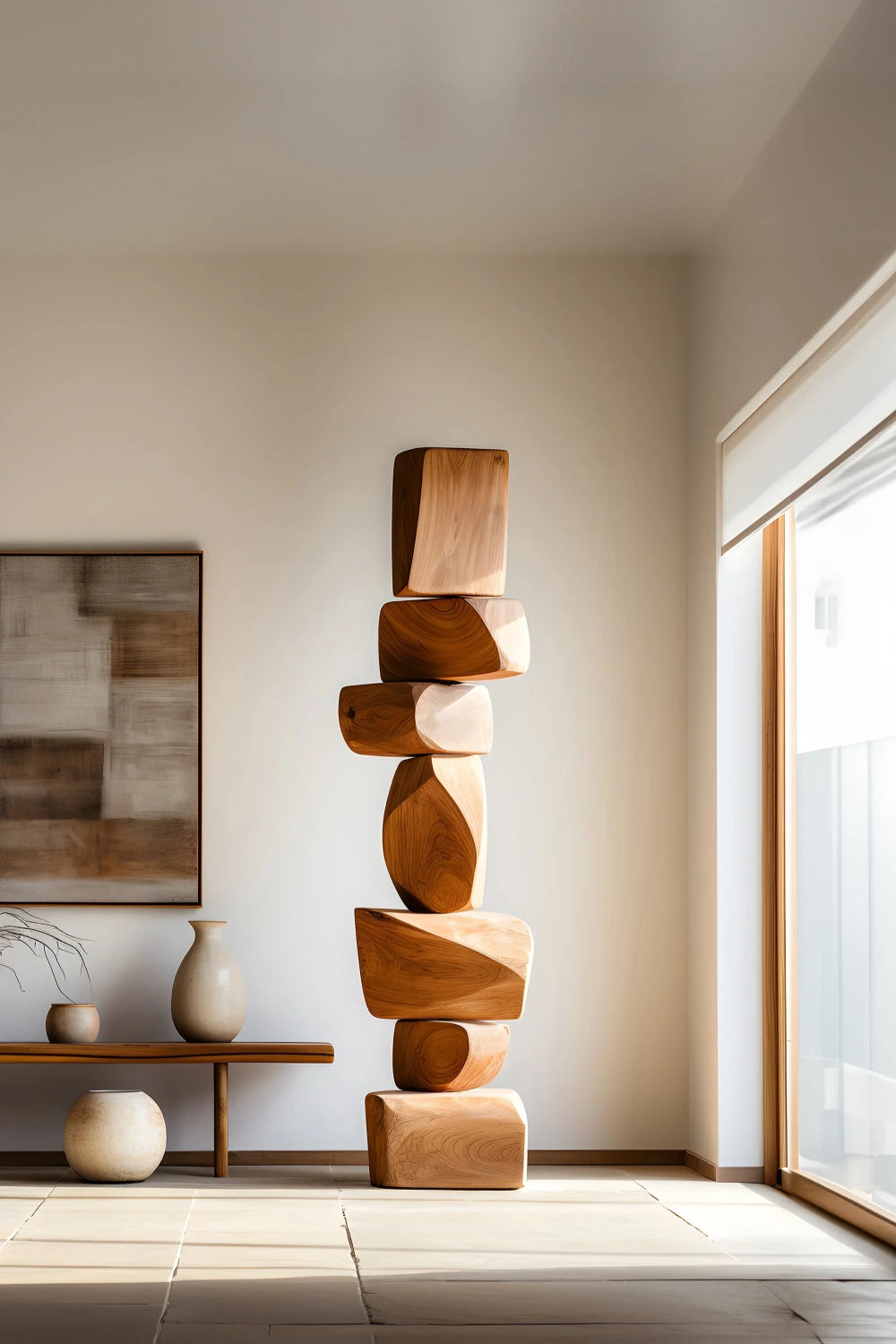 Large Minimalist Dark Wood Floor Sculpture Tall Vertical Hand-Finished Standing Decor