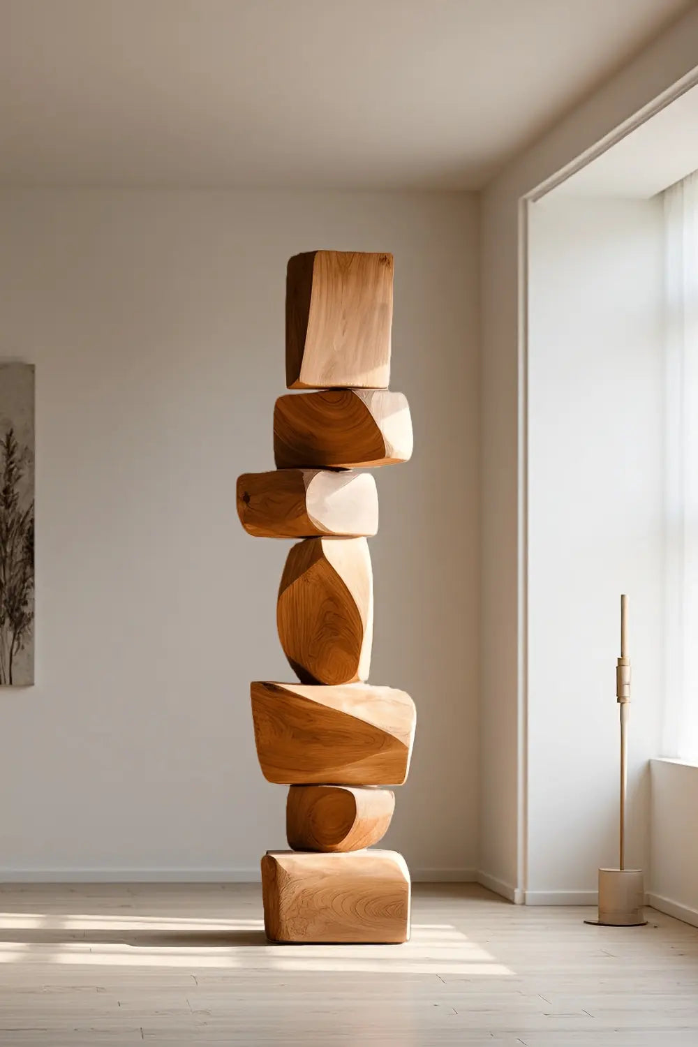 Large Minimalist Dark Wood Floor Sculpture Tall Vertical Hand-Finished Standing Decor