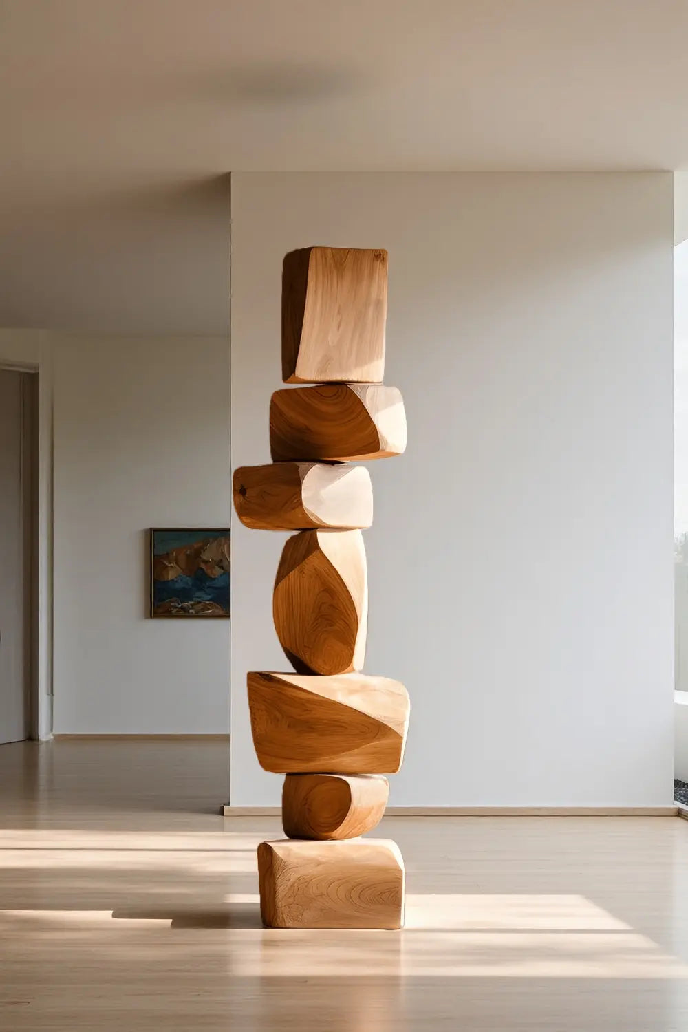 Large Minimalist Dark Wood Floor Sculpture Tall Vertical Hand-Finished Standing Decor