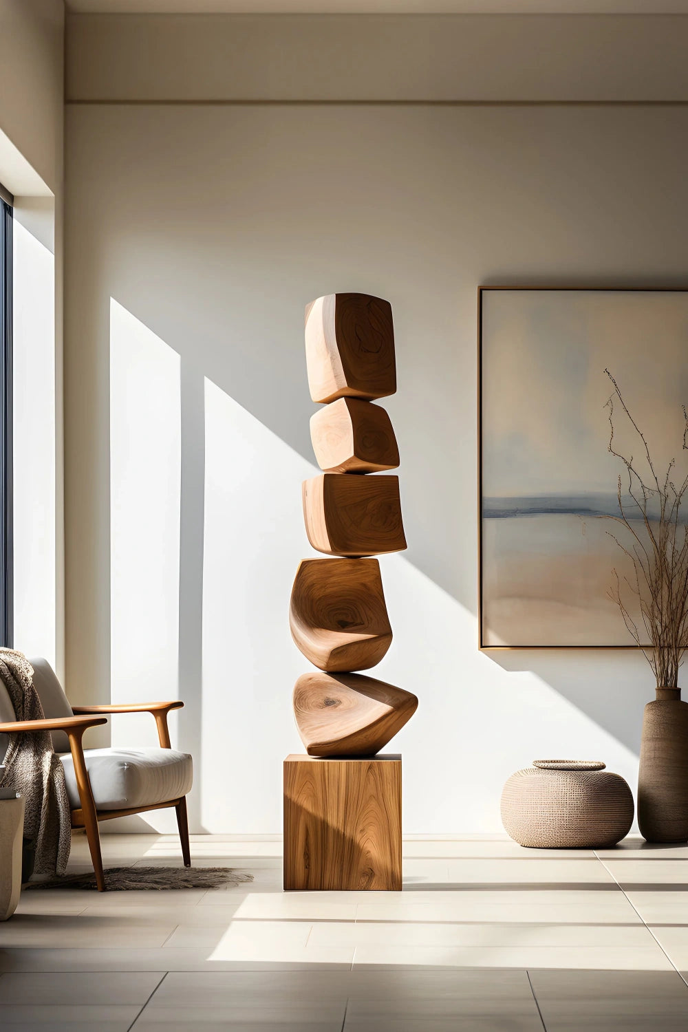 Large Minimalist Dark Wood Floor Sculpture Tall Vertical Hand-Finished Standing Decor