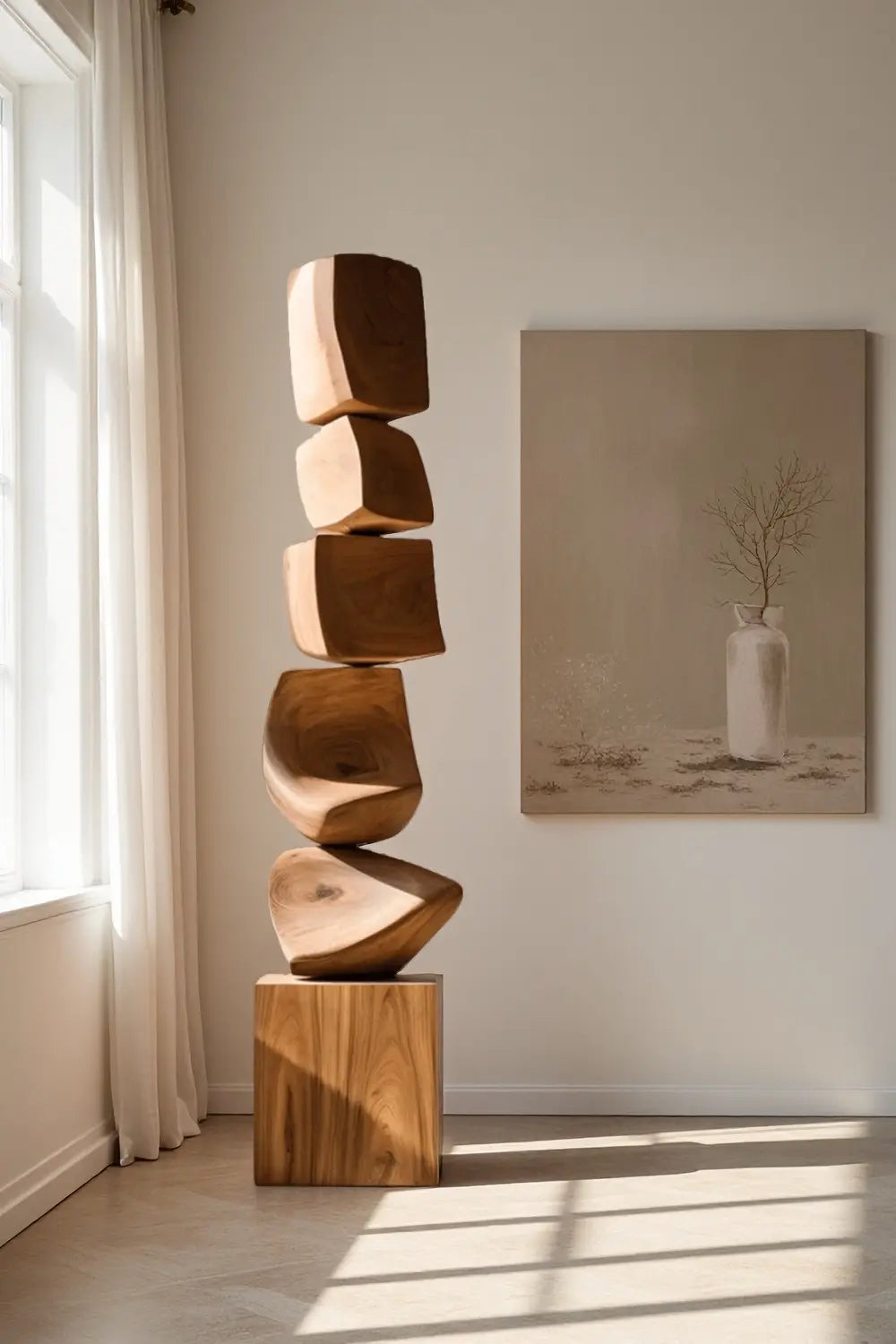 Large Minimalist Dark Wood Floor Sculpture Tall Vertical Hand-Finished Standing Decor