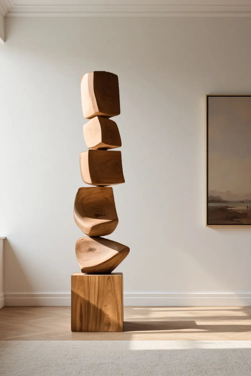 Large Minimalist Dark Wood Floor Sculpture Tall Vertical Hand-Finished Standing Decor