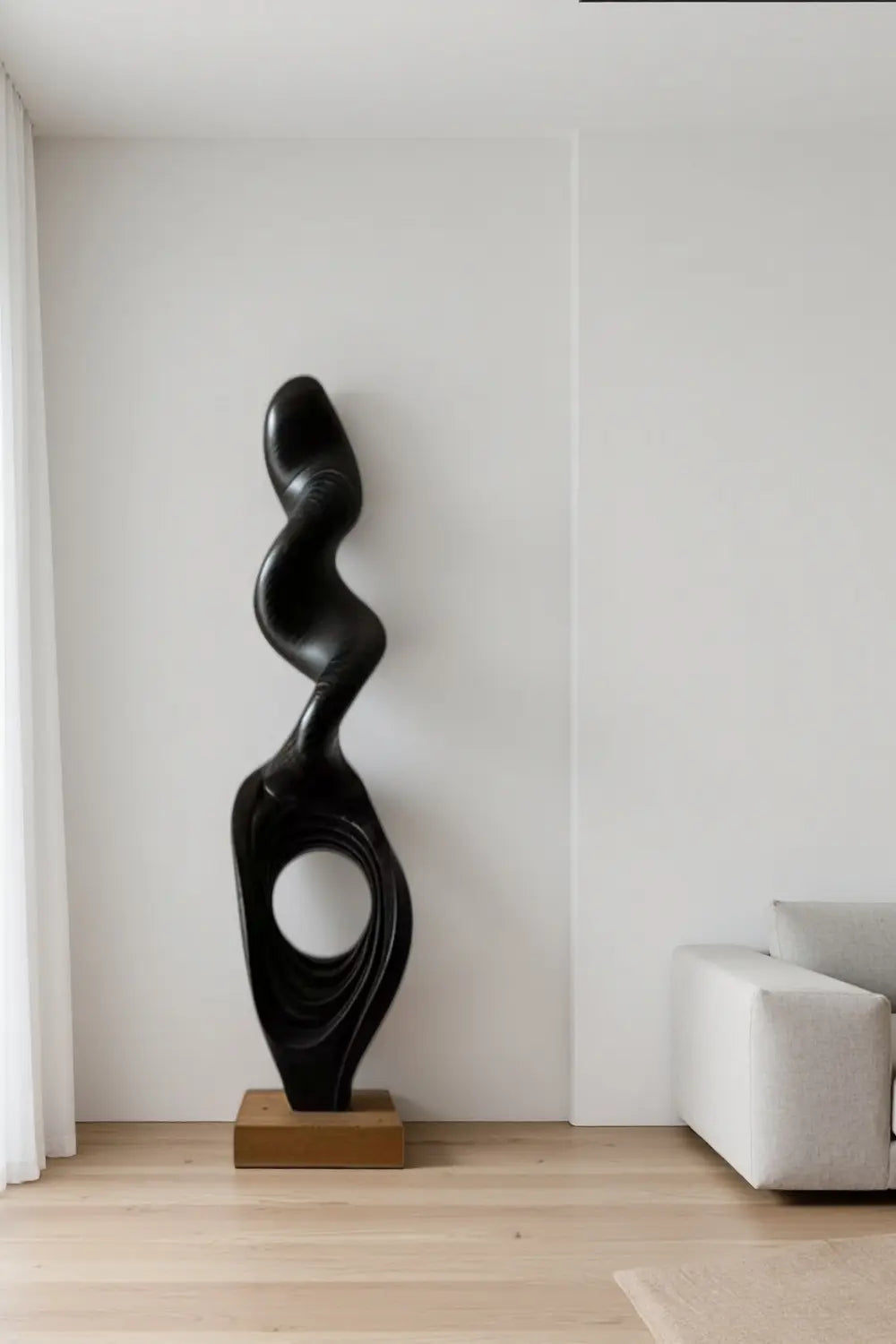 Tall Fluid Abstract Wood Sculpture Modern Dark Standing Floor Art for Living Room