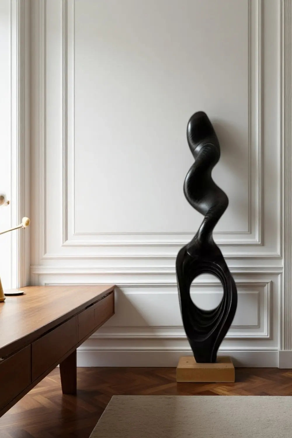 Tall Fluid Abstract Wood Sculpture Modern Dark Standing Floor Art for Living Room