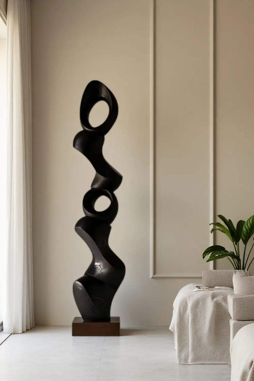 Modern Tall Abstract Wood Floor Sculpture Large Solid Wood Standing Decor for Living Room