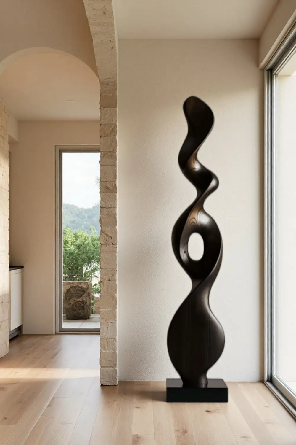Tall Large Abstract Wood Floor Sculpture Modern Standing Twisted Art for Living Room