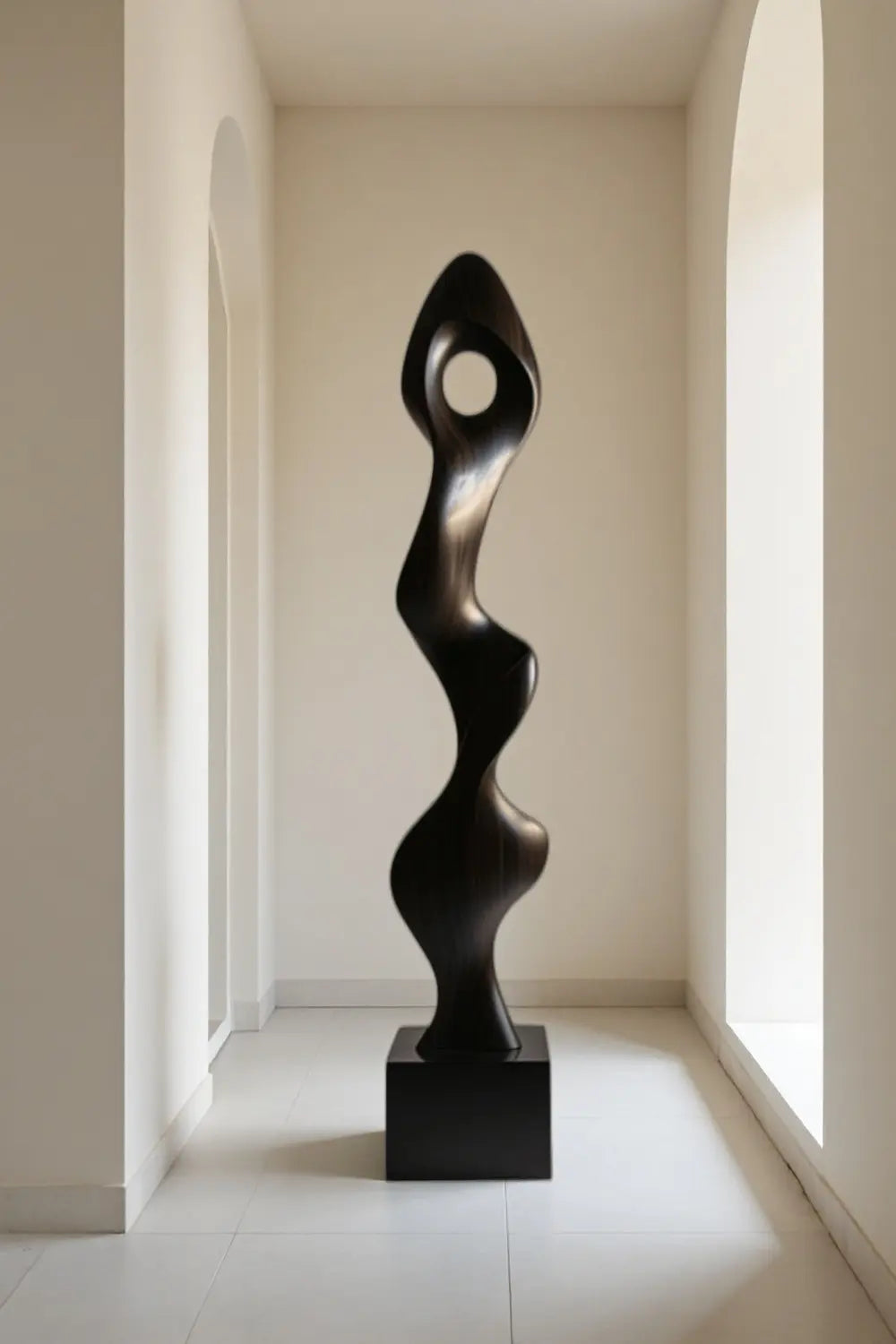 Tall Abstract Dark Wood Floor Sculpture Modern Vertical Standing Art for Living Room
