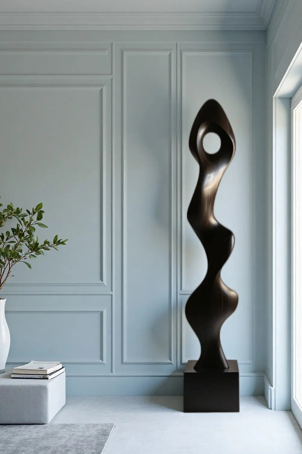 Tall Abstract Dark Wood Floor Sculpture Modern Vertical Standing Art for Living Room