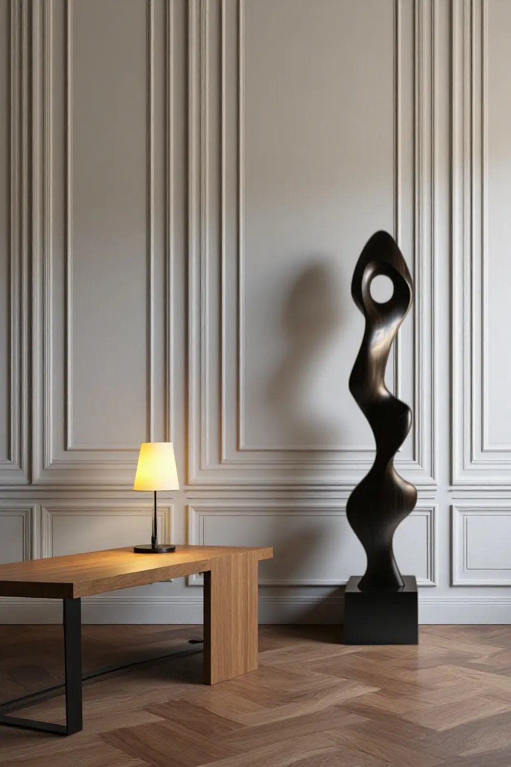 Tall Abstract Dark Wood Floor Sculpture Modern Vertical Standing Art for Living Room