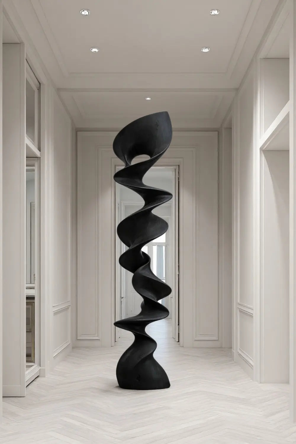 Large Tall Spiral Wood Floor Sculpture | Modern Vertical Standing Art Decor