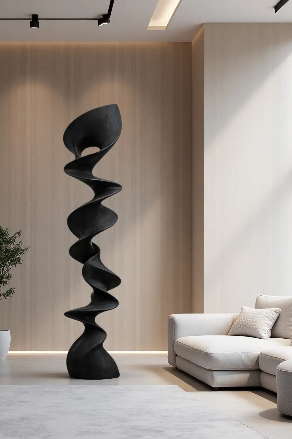 Large Tall Spiral Wood Floor Sculpture | Modern Vertical Standing Art Decor