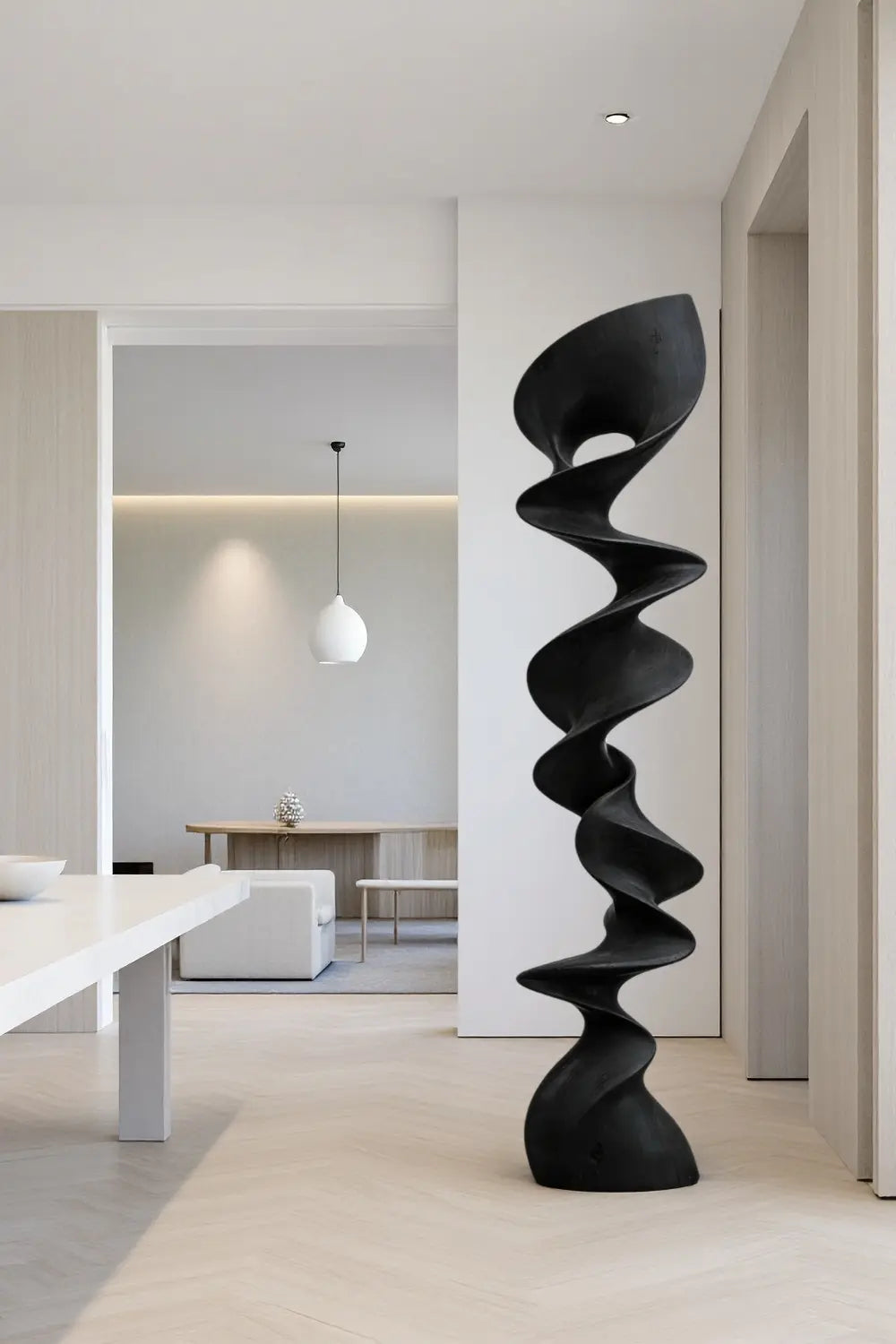Large Tall Spiral Wood Floor Sculpture | Modern Vertical Standing Art Decor