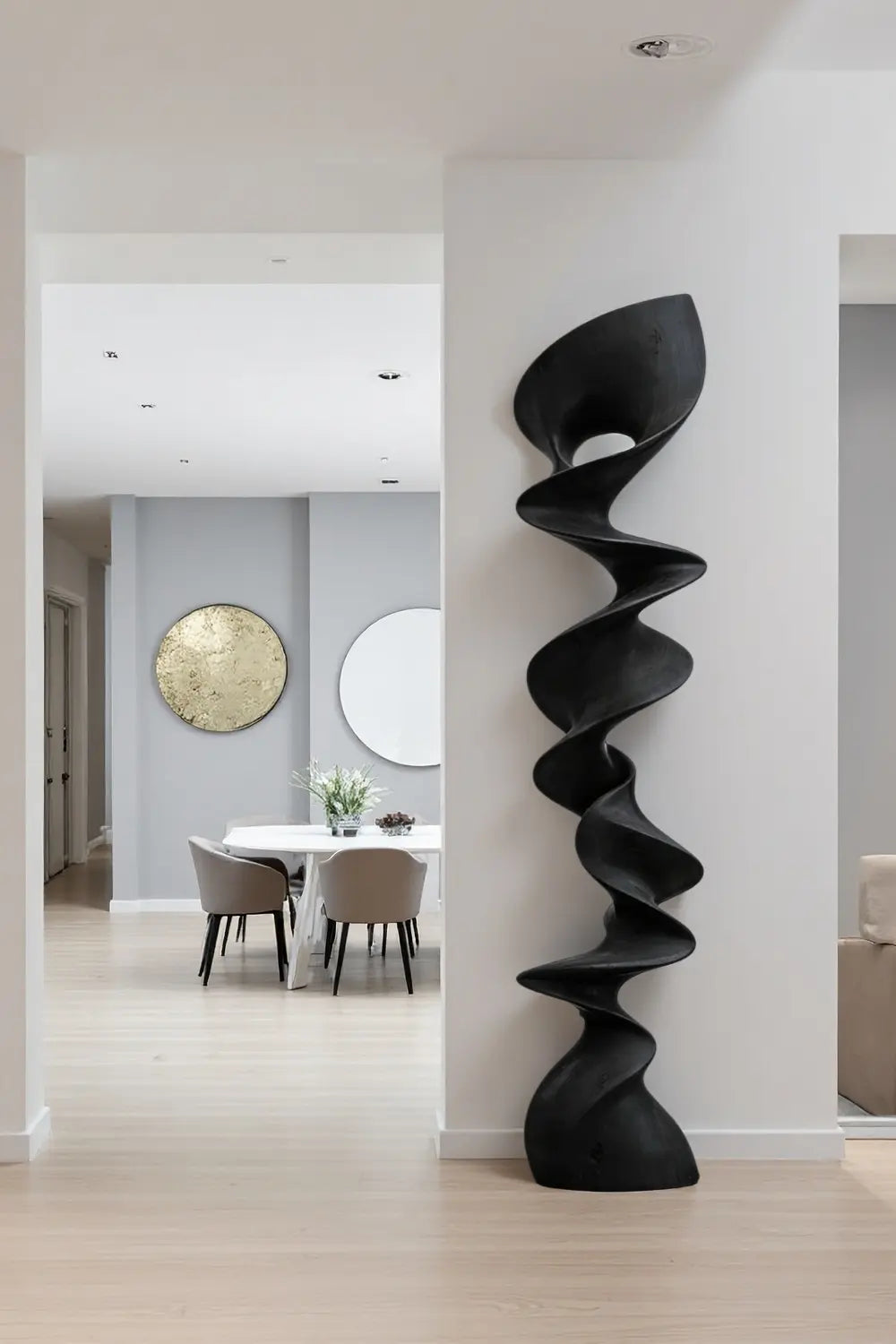 Large Tall Spiral Wood Floor Sculpture | Modern Vertical Standing Art Decor