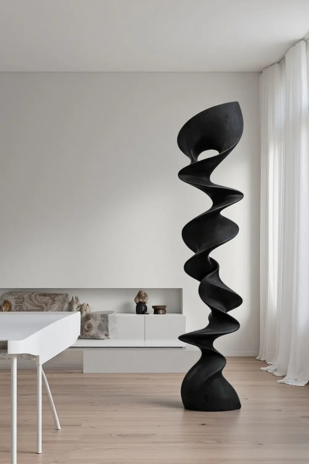 Large Tall Spiral Wood Floor Sculpture | Modern Vertical Standing Art Decor