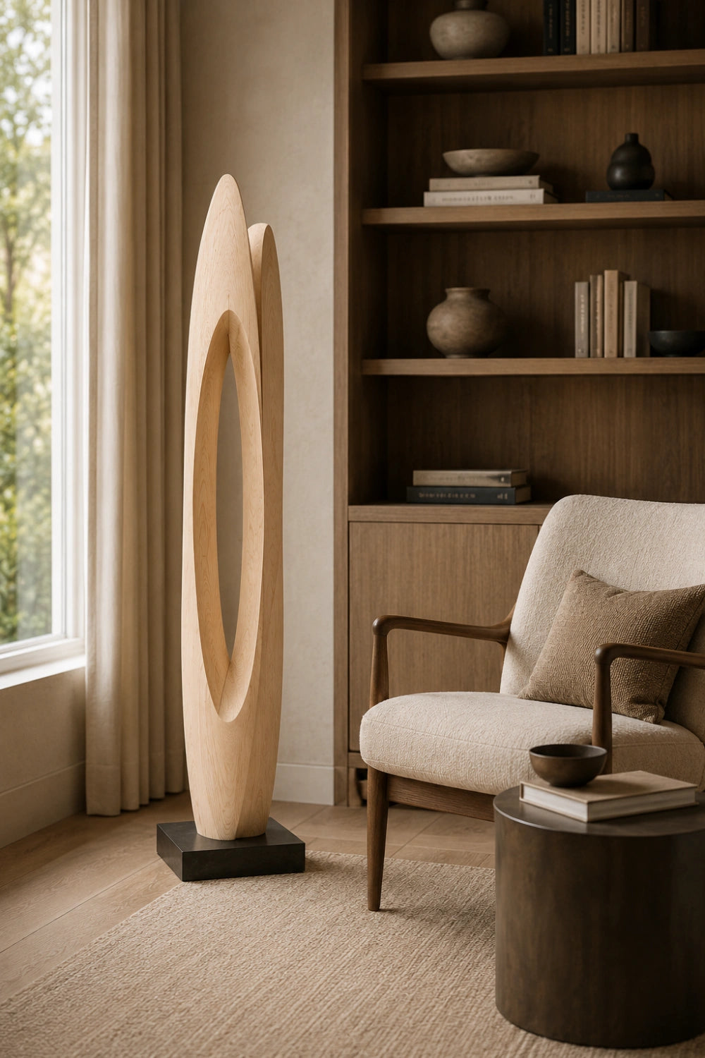 Modern Abstract Wood Floor Sculpture | Japandi Large Hand-Carved Art Piece