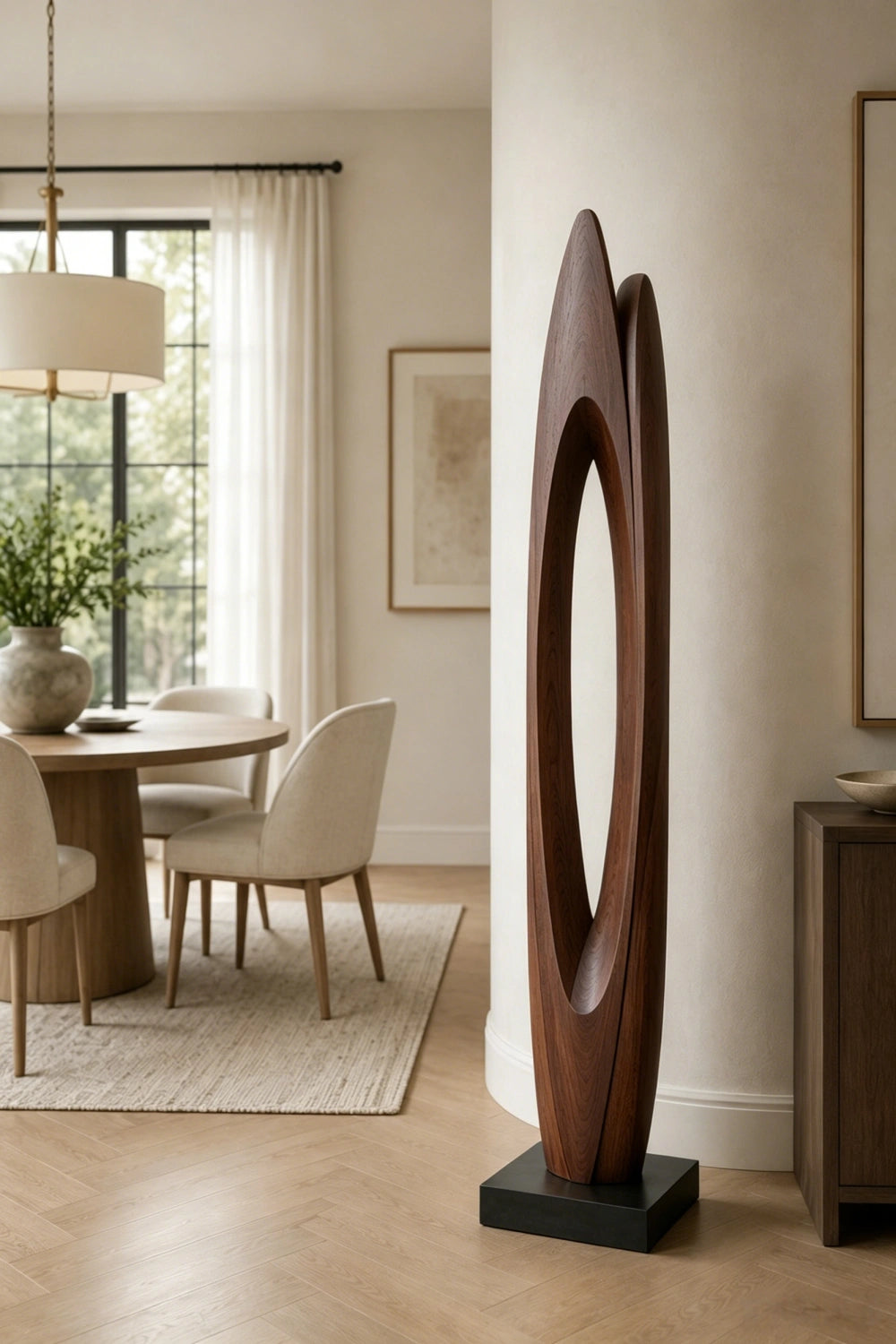 Modern Abstract Wood Floor Sculpture | Japandi Large Hand-Carved Art Piece