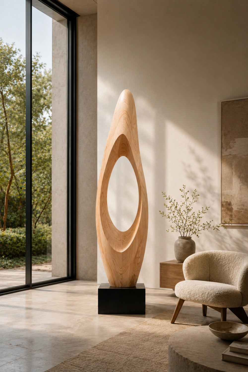 Modern Abstract Large Wood Floor Sculpture | Tall Hollow Art for Luxury Space Decor