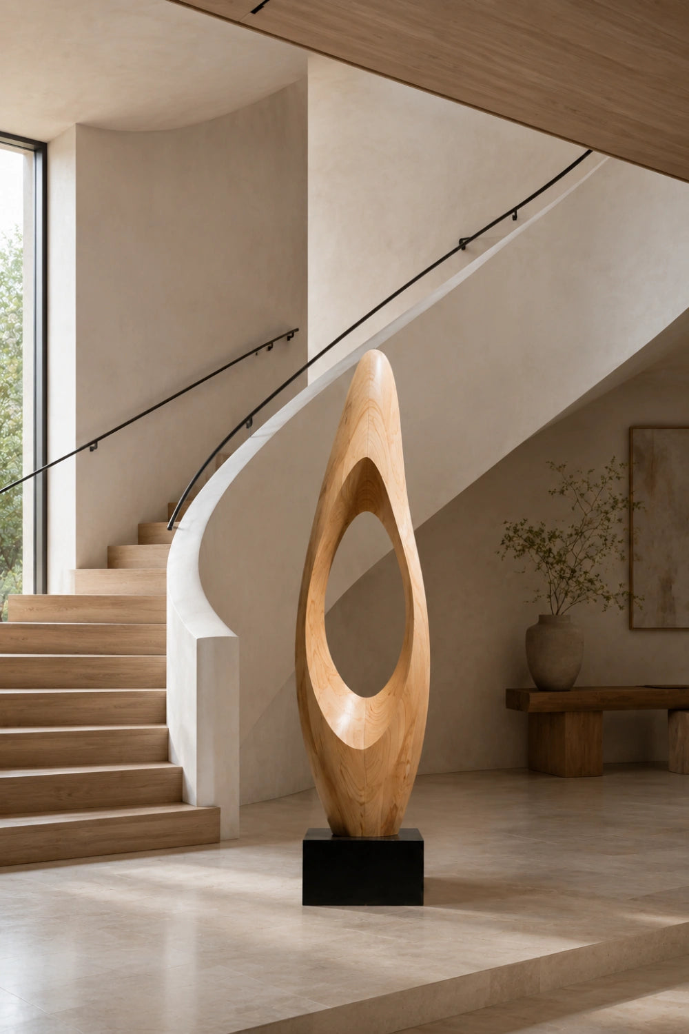Modern Abstract Large Wood Floor Sculpture | Tall Hollow Art for Luxury Space Decor