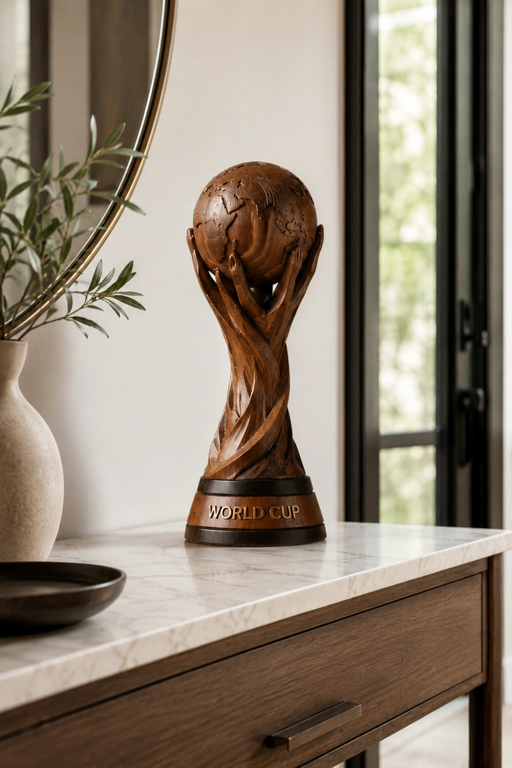Artisanal Wood World Cup Trophy | Abstract Globe Sculpture Soccer Fan Gift