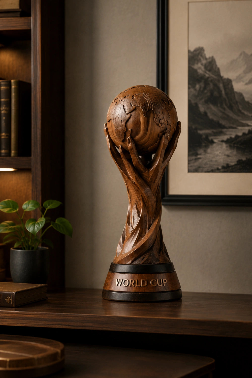Artisanal Wood World Cup Trophy | Abstract Globe Sculpture Soccer Fan Gift